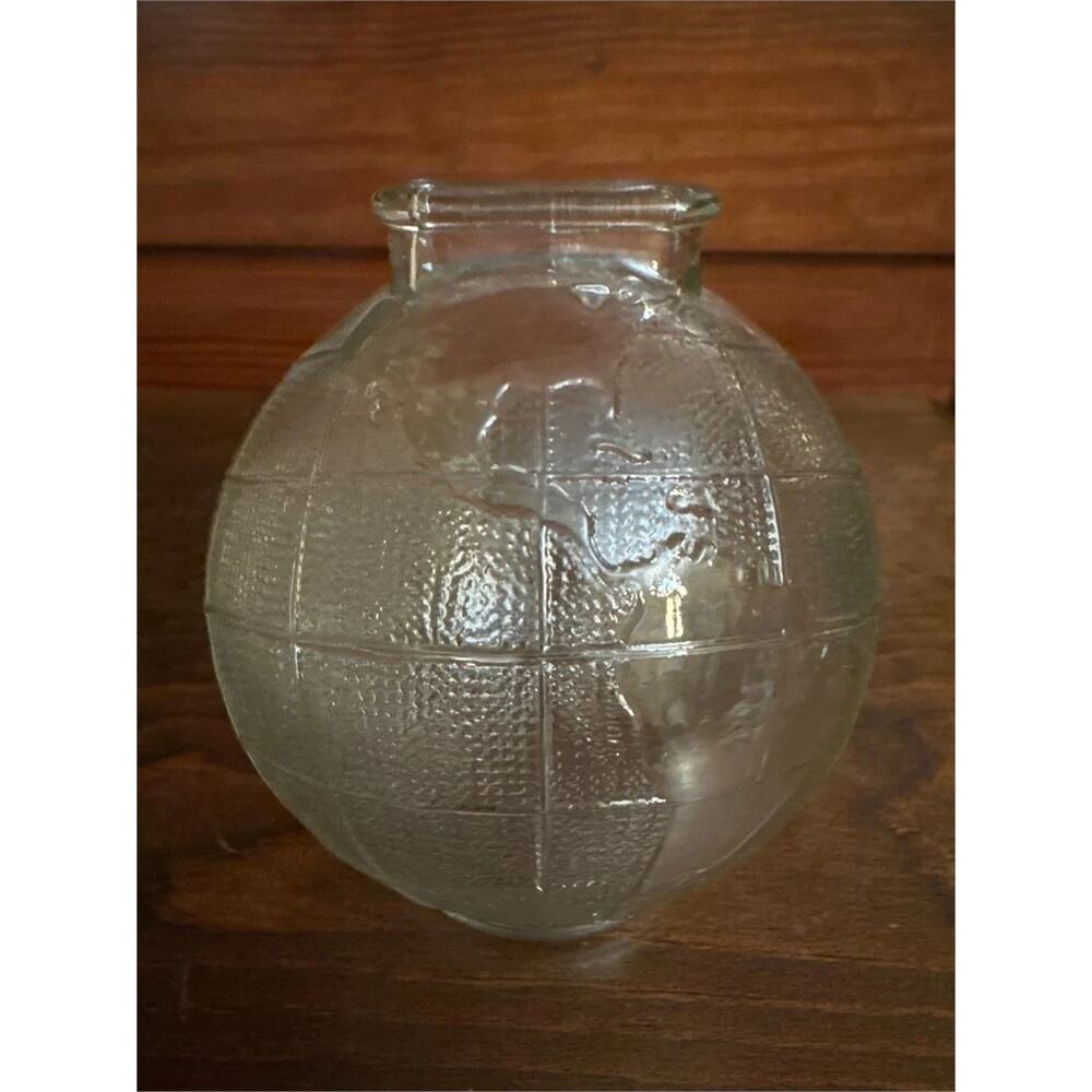 VTG Clear Glass World Globe Coin Bank Map Embossed Still Bank